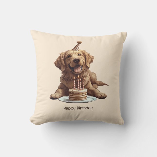 Happy Birthday Golden Retriever Dog Throw Pillow (Front)