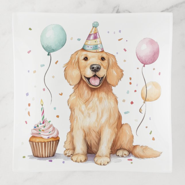 Happy Birthday Golden Retriever Dog Trinket Tray (Front)
