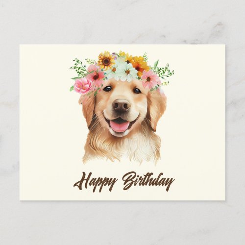 Happy Birthday Golden Retriever Dog with Flowers  Postcard