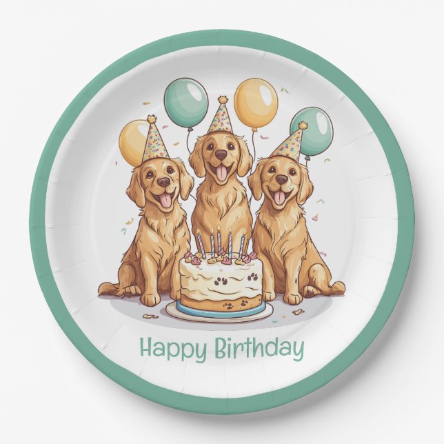 Happy Birthday Golden Retriever Dogs Paper Plates (Front)