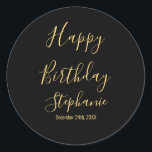 Happy Birthday Golden Yellow Black Custom Name Classic Round Sticker<br><div class="desc">Designed with golden yellow text template for "Happy Birthday" message,  name and day which you may edit to customize and also custom color background!</div>