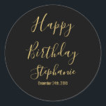 Happy Birthday Golden Yellow Black Custom Name Classic Round Sticker<br><div class="desc">Designed with golden yellow text template for "Happy Birthday" message,  name and day which you may edit to customize and also custom color background!</div>