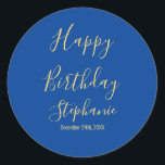 Happy Birthday Golden Yellow Blue Custom Name Classic Round Sticker<br><div class="desc">Designed with golden yellow text template for "Happy Birthday" message,  name and day which you may edit to customize and also custom color background!</div>