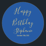 Happy Birthday Golden Yellow Blue Custom Name Classic Round Sticker<br><div class="desc">Designed with golden yellow text template for "Happy Birthday" message,  name and day which you may edit to customize and also custom color background!</div>