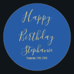 Happy Birthday Golden Yellow Blue Custom Name Classic Round Sticker<br><div class="desc">Designed with golden yellow text template for "Happy Birthday" message,  name and day which you may edit to customize and also custom color background!</div>