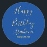 Happy Birthday Golden Yellow Blue Custom Name Classic Round Sticker<br><div class="desc">Designed with golden yellow text template for "Happy Birthday" message,  name and day which you may edit to customize and also custom color background!</div>