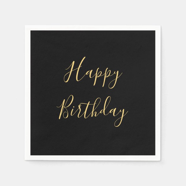 Happy Birthday Golden Yellow Custom Text Black Napkins (Front)