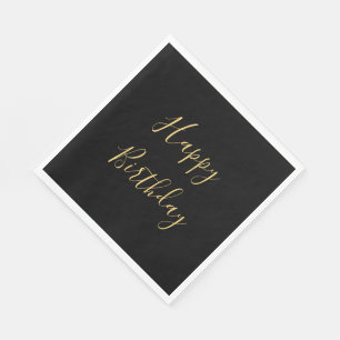 Happy Birthday Golden Yellow Text Black Custom  Napkins