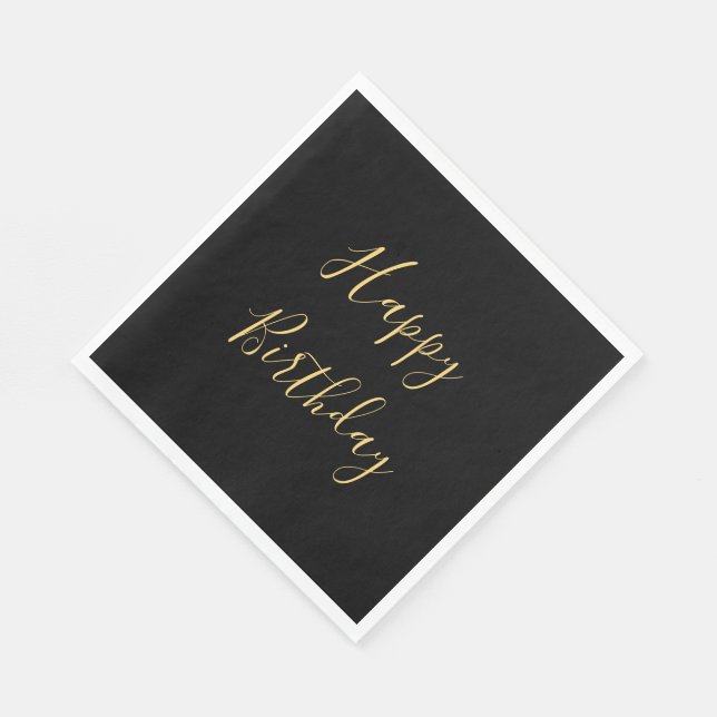 Happy Birthday Golden Yellow Text Black Custom  Napkins (Corner)