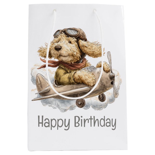 Happy Birthday Goldendoodle Dog Pilot Airplane Medium Gift Bag (Front)