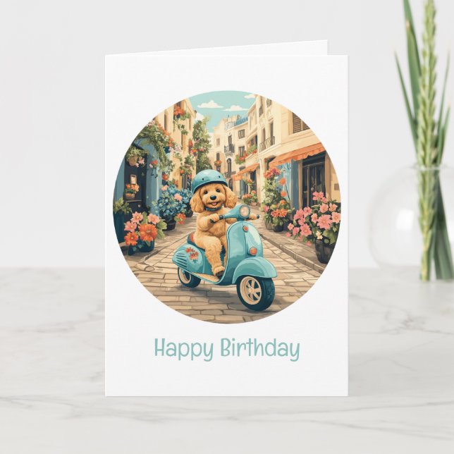 Happy Birthday Goldendoodle Dog Riding Scooter Card (Front)