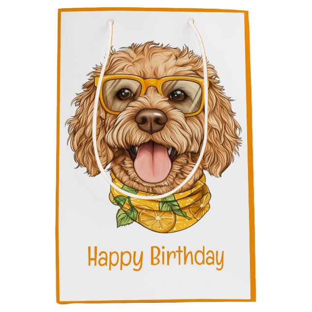 Happy Birthday Goldendoodle Dog Sunglasses Oranges Medium Gift Bag (Front)