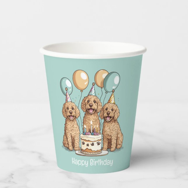 Happy Birthday Goldendoodle Dogs Paper Cups (Front)
