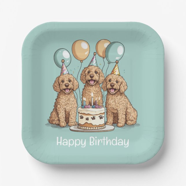 Happy Birthday Goldendoodle Dogs Paper Plates (Front)