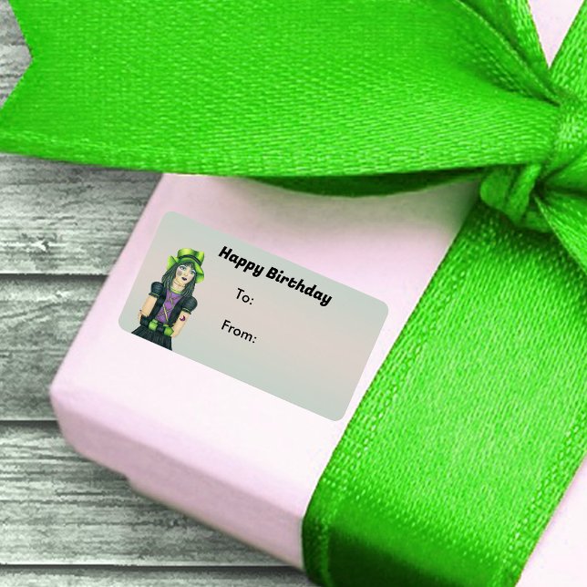 Happy Birthday Gothic Girl Tattoo Green Black Hair Label (Pretty Goth girl green hat tattoos black dress on pale green Happy Birthday gift tag stickers.)