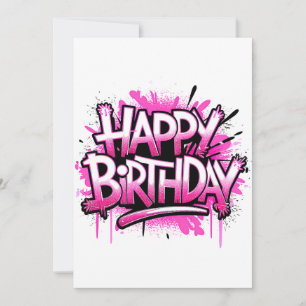 Happy Birthday Graffiti Pink and White Invitation