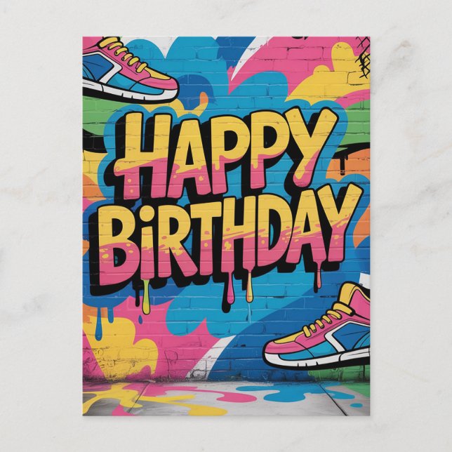Happy Birthday Graffiti Wall with Sneakers Holiday Postcard (Front)