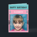 Happy Birthday Granddaughter name photo pink Card<br><div class="desc">Greeting card for your Granddaughter.
Add two photos,  name and message.
Designed in pink,  blue,  black,  with stripes and dots.
Best kid ever.</div>