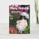 Happy Birthday grandma  Black doll Card<br><div class="desc">A cute little black doll in Victorian style dress among flowers with the text Happy Birthday grandma</div>