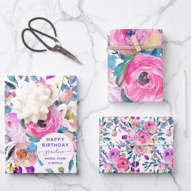 Happy Birthday Grandma Floral Wrapping Paper Sheets (Front)