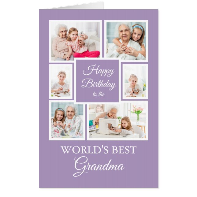Happy Birthday Grandma Grandchild Purple 9 Photo Card (Front)