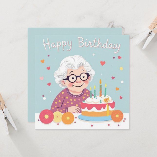 Happy Birthday Grandma Hearts & Cake pastel blue Card (Front/Back In Situ)