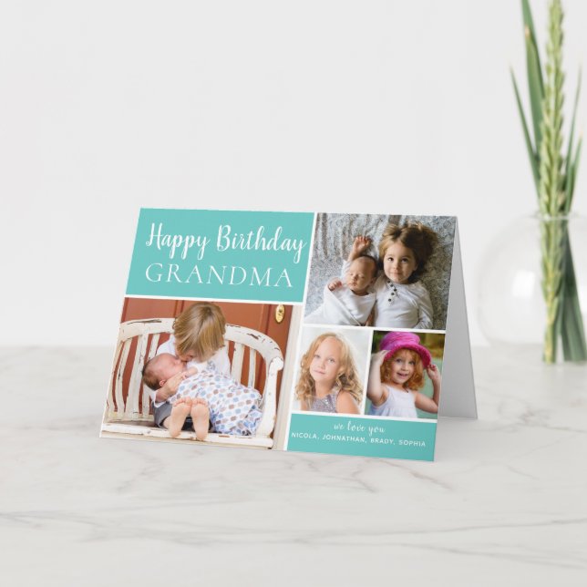 Happy Birthday Grandma Photo Collage Aqua Card (Front)