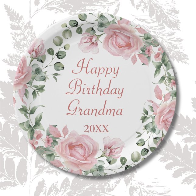 Happy Birthday Grandma Pink Floral Party  Paper Plates (Creator Uploaded)