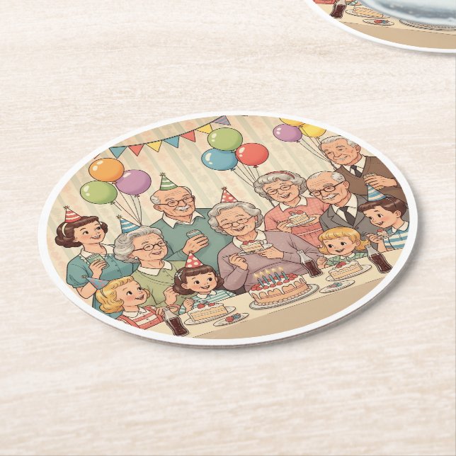 Happy Birthday Grandma Vintage Design Round Paper Coaster (Angled)