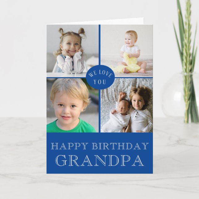 Happy Birthday Grandpa Blue Photo Collage  Card (Front)