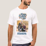 Happy Birthday Grandpa photo T-Shirt<br><div class="desc">A t-shirt that wishes grandpa a happy birthday,  this amazing design features "Happy birthday to you" "grandpa" in colorful blue and peach font.  Easily upload your photo into the design.  Order yours today!

Graphic Text:  https://www.etsy.com/shop/PointSVG
Photography © Storytree Studios,  Stanford,  CA</div>