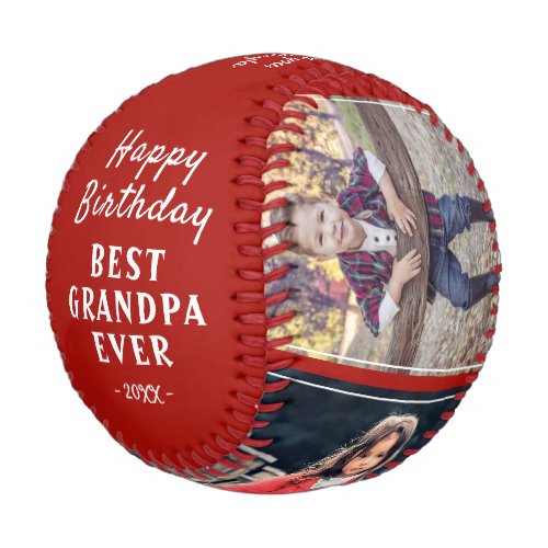 Happy Birthday Grandpa Red 3 Photo Collage Baseball - Happy Birthday Grandpa Red 3 Photo Collage Baseball. Make a special baseball ball for the best grandpa ever. Add your favorite 3 photos into the template and customize the text with your names. Sweet keepsake birthday gift for grandfather.