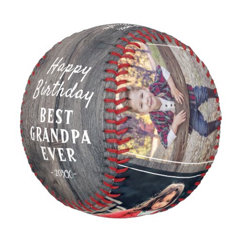 Happy Birthday Grandpa Rustic 3 Photo Collage Baseball - Happy Birthday Grandpa Rustic 3 Photo Collage Baseball. Rustic dark wood background texture. Make a special baseball ball for the best grandpa ever. Add your favorite 3 photos into the template and customize the text with your names. Sweet keepsake birthday gift for grandfather.