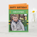 Happy Birthday Grandson best day photo name green Card<br><div class="desc">Greeting card for your Grandson.
Add two photos,  name and message.
Designed in green,  orange,  yellow,  with stripes and dots.
Best kid ever.</div>