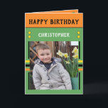Happy Birthday Grandson best day photo name green Card<br><div class="desc">Greeting card for your Grandson.
Add two photos,  name and message.
Designed in green,  orange,  yellow,  with stripes and dots.
Best kid ever.</div>