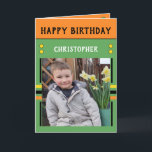 Happy Birthday Grandson best day photo name green Card<br><div class="desc">Greeting card for your Grandson.
Add two photos,  name and message.
Designed in green,  orange,  yellow,  with stripes and dots.
Best kid ever.</div>