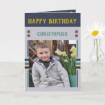Happy Birthday Grandson best day photo name grey Card<br><div class="desc">Grandson birthday card.
Add two photos,  name and message.
Designed in green,  yellow,  grey,  with stripes and dots.
Best kid ever.</div>
