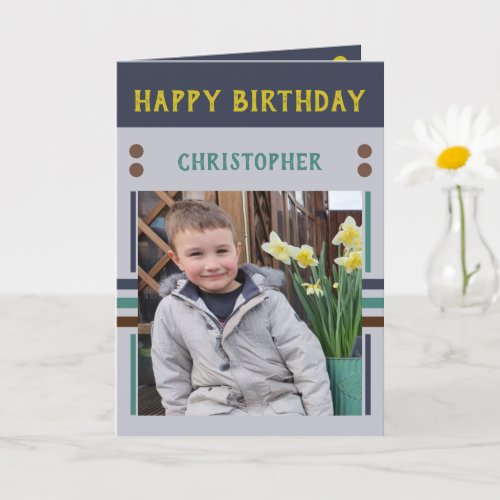 Happy Birthday Grandson best day photo name grey Card