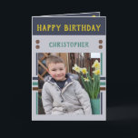 Happy Birthday Grandson best day photo name grey Card<br><div class="desc">Grandson birthday card.
Add two photos,  name and message.
Designed in green,  yellow,  grey,  with stripes and dots.
Best kid ever.</div>