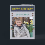 Happy Birthday Grandson best day photo name grey Card<br><div class="desc">Grandson birthday card.
Add two photos,  name and message.
Designed in green,  yellow,  grey,  with stripes and dots.
Best kid ever.</div>