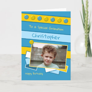 Happy Birthday Grandson blue and yellow photo Card