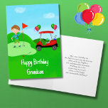 Happy Birthday Grandson Boy Golfer On Golf Course Card<br><div class="desc">This golf-themed birthday card for grandson is a hole-in-one! Perfect for a young golf fan,  it features a bright red golf cart with colorful balloons,  a fun golf ball birthday cake,  and a young boy golfer ready to putt on the green.</div>