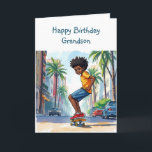 Happy Birthday Grandson |  Boy on Bike in City Card<br><div class="desc">Cute personalized birthday card for a grandson. African-American boy riding his bike down the city streets.</div>