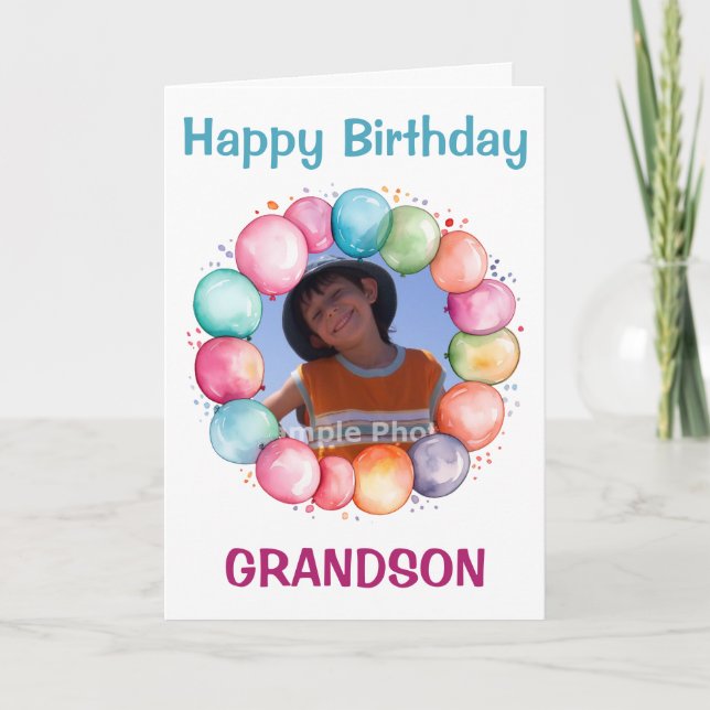 Happy Birthday Grandson Custom Photo Card (Front)