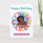 Happy Birthday Grandson Custom Photo Card<br><div class="desc">Sweet birthday card for your grandson. On the front is a round frame made from colorful balloons that will frame your photo. Over the photo in blue text are the words "Happy Birthday" while below the photo in a dark pinkish red text is the word "Grandson". Inside the card are...</div>