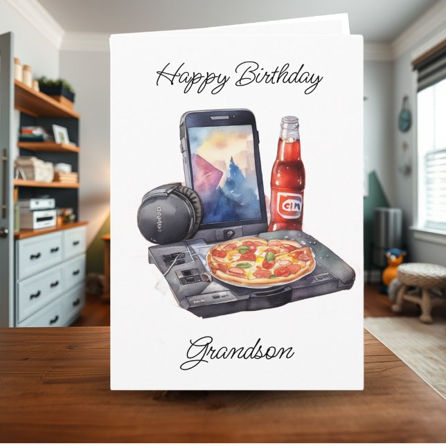 Happy Birthday Grandson Gaming and Pizza   Card (Creator Uploaded)