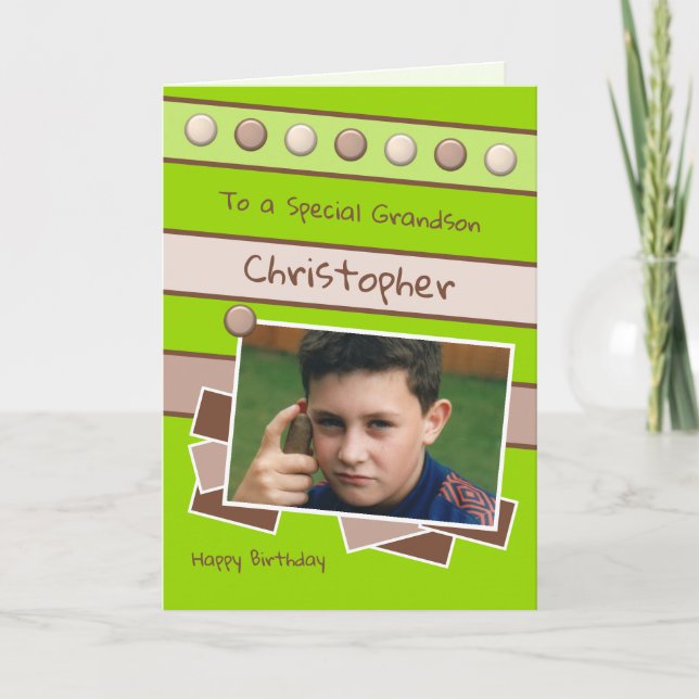 Happy Birthday Grandson green and brown photo Card (Front)