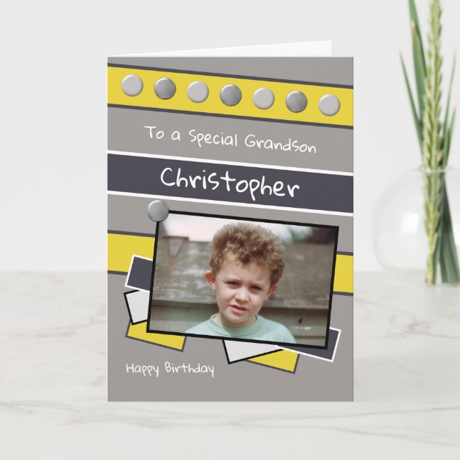 Happy Birthday Grandson grey and yellow photo Card (Front)