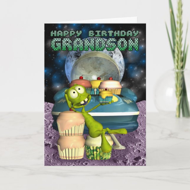 Happy Birthday Grandson, Out of this world, alien Card (Front)