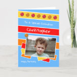 Happy Birthday Grandson red blue yellow photo Card<br><div class="desc">Personalize this Birthday Card for your Grandson
Designed in red,  blue,  yellow,  orange
Add his name 
Happy Birthday
To a special Grandson
Have a great day</div>